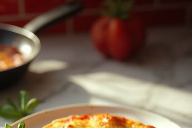 "Overhead shot of fluffy folded pizza omelette with melted mozzarella cheese, pizza sauce, and oregano on a white plate."