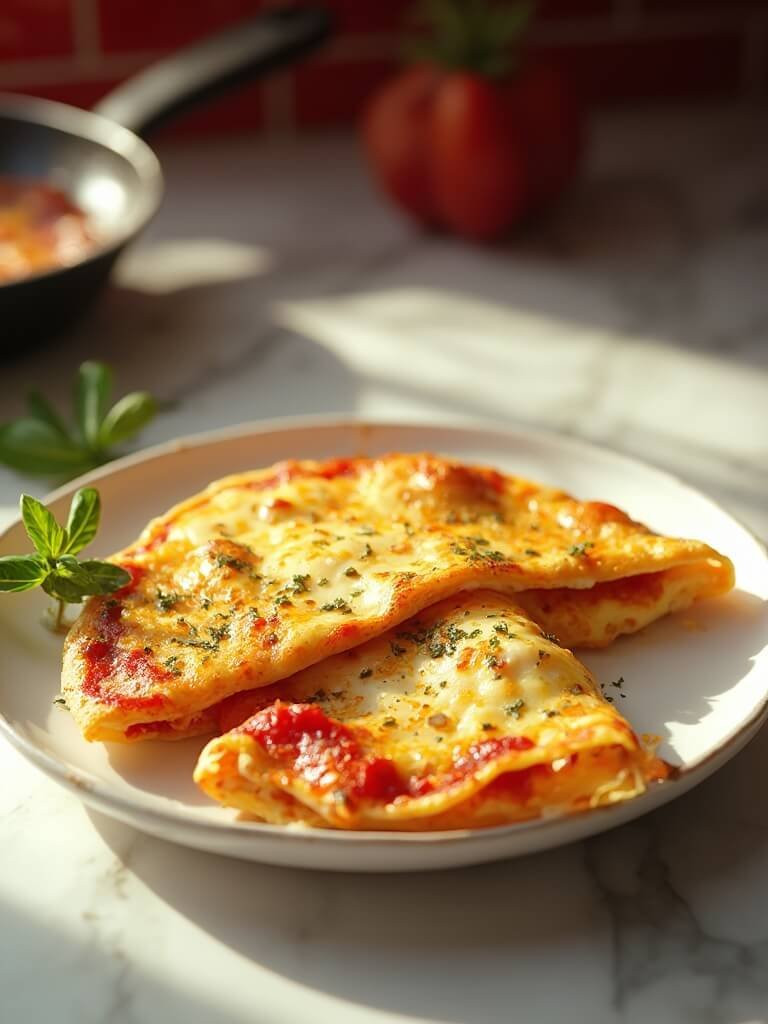 "Overhead shot of fluffy folded pizza omelette with melted mozzarella cheese, pizza sauce, and oregano on a white plate."