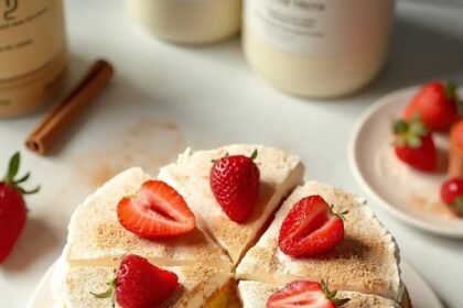 "Overhead shot of protein tres leches cake with strawberries and cinnamon on white marble surface"