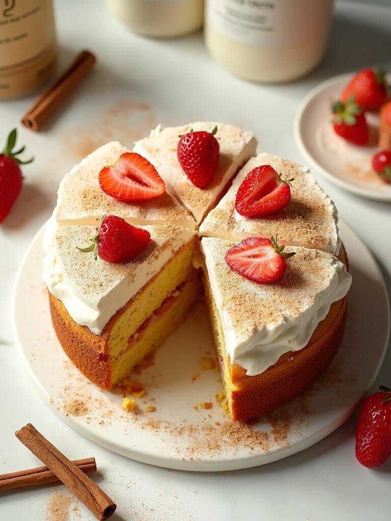 "Overhead shot of protein tres leches cake with strawberries and cinnamon on white marble surface"