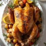 "Perfectly roasted chicken with crispy skin, adorned with herbs, lemon, and garlic, on a white ceramic platter surrounded by roasted vegetables, seasoning elements, and carving knife."