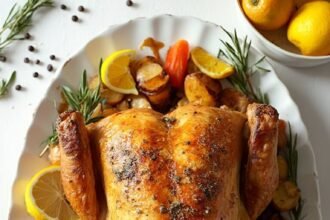 "Perfectly roasted chicken with crispy skin, adorned with herbs, lemon, and garlic, on a white ceramic platter surrounded by roasted vegetables, seasoning elements, and carving knife."