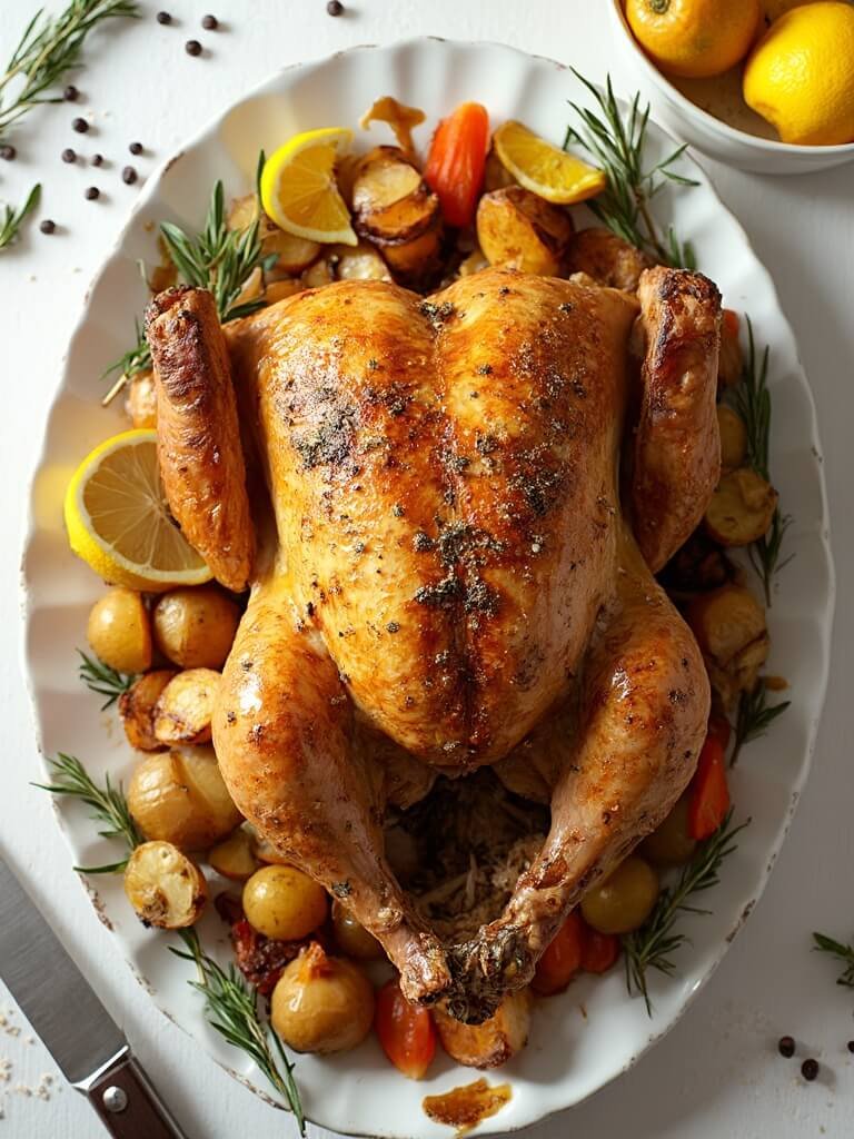 "Perfectly roasted chicken with crispy skin, adorned with herbs, lemon, and garlic, on a white ceramic platter surrounded by roasted vegetables, seasoning elements, and carving knife."