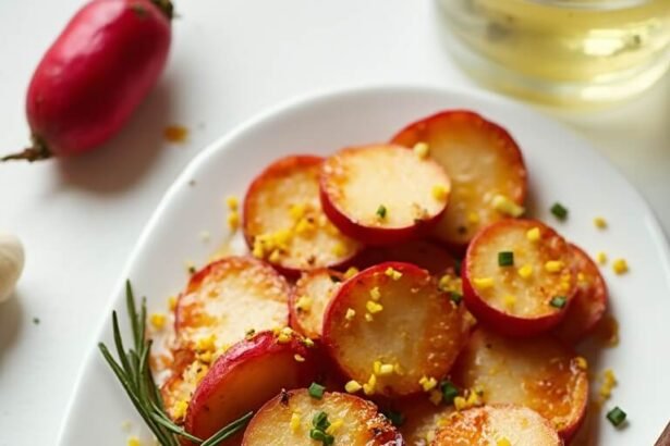 "Overhead view of roasted radishes with crispy edges, garlic butter, and rosemary on a white platter with Parmesan dusting, chopped chives, lemon zest, wooden spoon, whole radishes, and garlic cloves in the background."