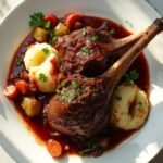 "Slow-cooked lamb shanks in red wine sauce with mashed potatoes, caramelized vegetables, and fresh parsley on white dishes with a marble background"