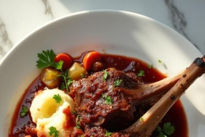 "Slow-cooked lamb shanks in red wine sauce with mashed potatoes, caramelized vegetables, and fresh parsley on white dishes with a marble background"