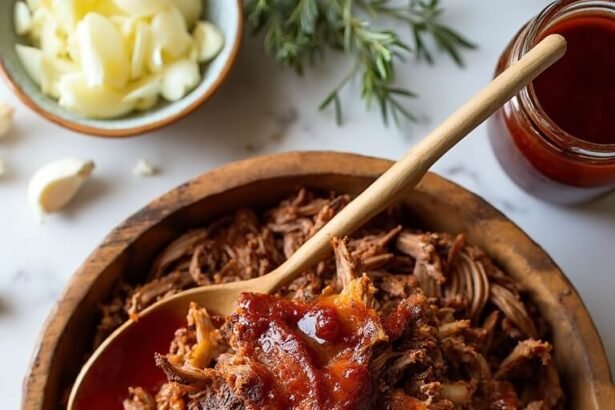 "Overhead shot of juicy slow-cooker pulled pork with caramelized edges in a rustic wooden bowl, with a jar of sugar-free BBQ sauce, garnishes and spices on a marble background"