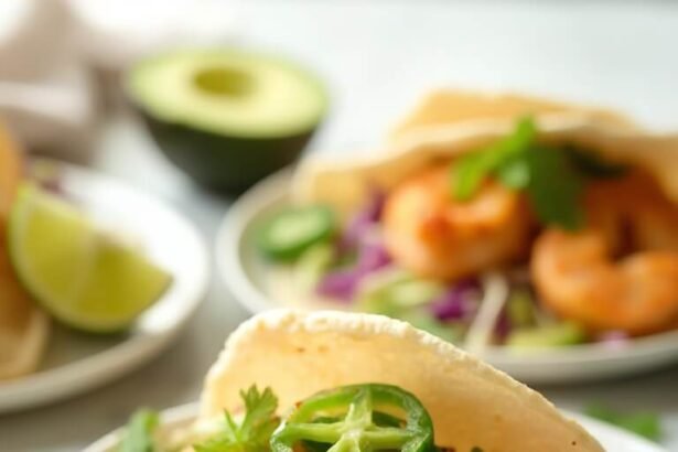 "Spicy shrimp tacos with cabbage slaw and avocado on handmade coconut tortillas, served on clean white plates and a marble surface, under soft natural light"