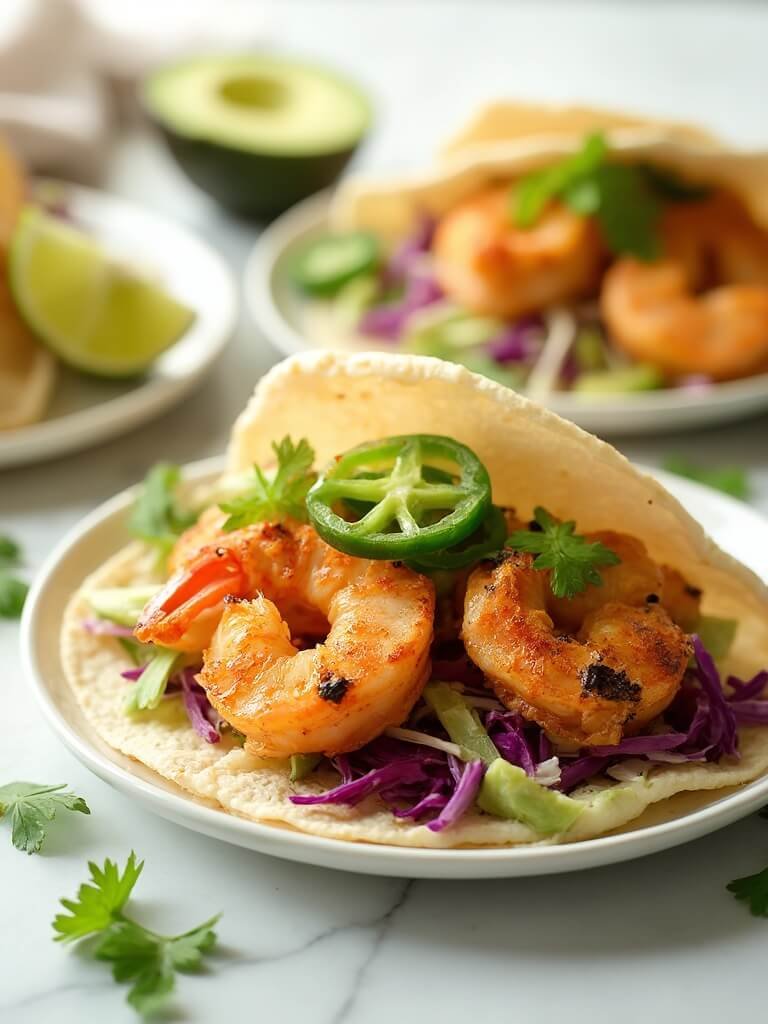 "Spicy shrimp tacos with cabbage slaw and avocado on handmade coconut tortillas, served on clean white plates and a marble surface, under soft natural light"