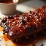 "Close-up of sticky BBQ ribs with sugar-free sauce on a white marble surface, steam rising from the tender meat with visible dry rub, garnished with smoked paprika and black peppercorns, served with extra sauce and a basting brush, shot under warm studio lighting."