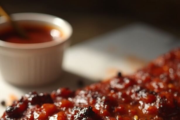 "Close-up of sticky BBQ ribs with sugar-free sauce on a white marble surface, steam rising from the tender meat with visible dry rub, garnished with smoked paprika and black peppercorns, served with extra sauce and a basting brush, shot under warm studio lighting."