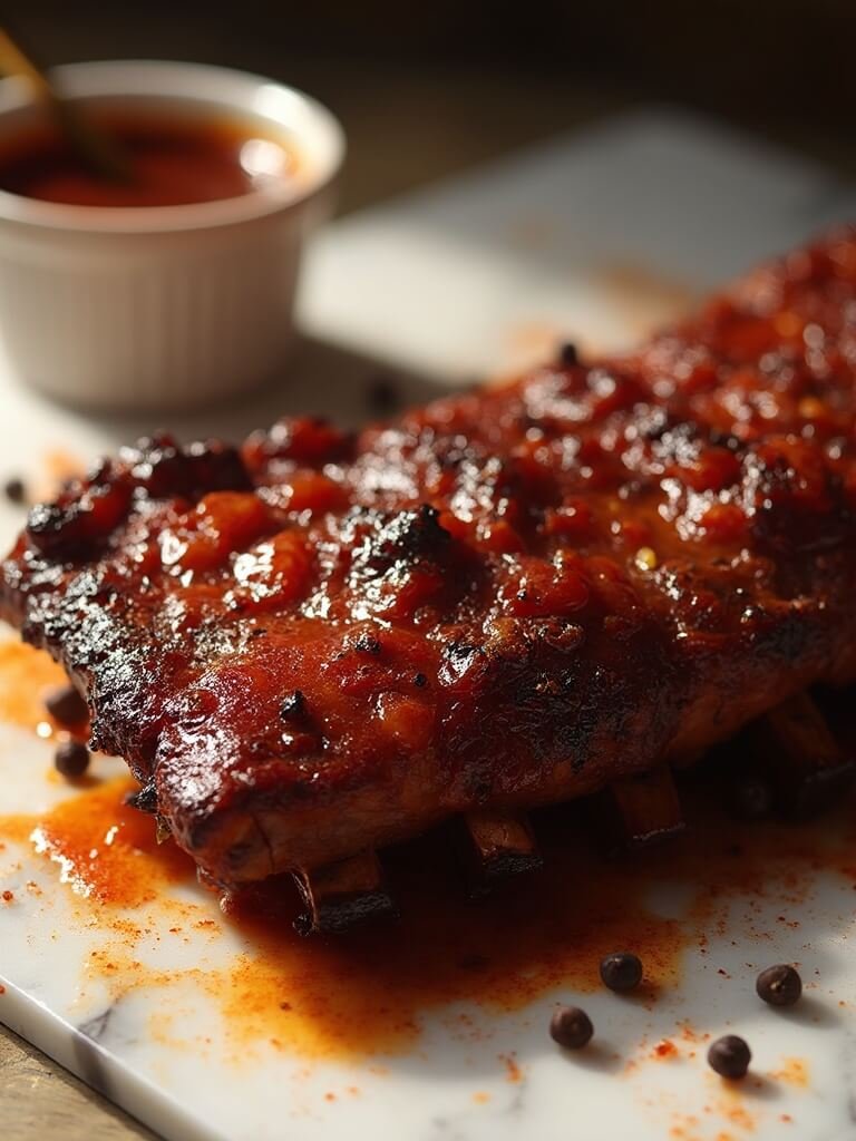 "Close-up of sticky BBQ ribs with sugar-free sauce on a white marble surface, steam rising from the tender meat with visible dry rub, garnished with smoked paprika and black peppercorns, served with extra sauce and a basting brush, shot under warm studio lighting."