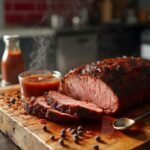 "Sliced sugar-free BBQ brisket with homemade sauce on a rustic wooden board in warm golden hour lighting"
