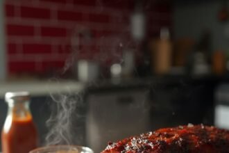 "Sliced sugar-free BBQ brisket with homemade sauce on a rustic wooden board in warm golden hour lighting"