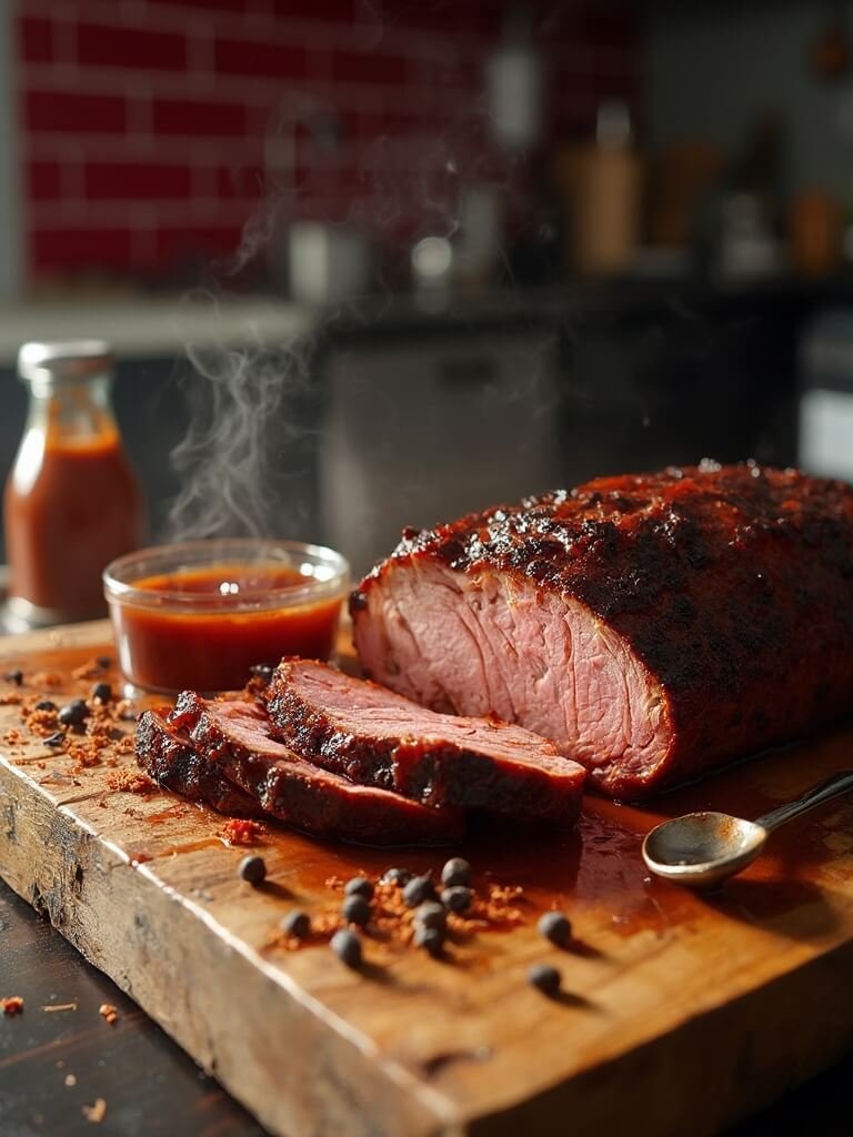 "Sliced sugar-free BBQ brisket with homemade sauce on a rustic wooden board in warm golden hour lighting"