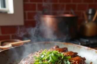 "Sugar-free Korean BBQ short ribs with gochujang marinade on a rustic ceramic platter, garnished with scallions and sesame seeds, in warm kitchen setting"