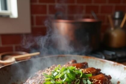 "Sugar-free Korean BBQ short ribs with gochujang marinade on a rustic ceramic platter, garnished with scallions and sesame seeds, in warm kitchen setting"