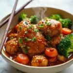"Sugar-free teriyaki chicken with broccoli, carrots, and sesame seeds in a cream ceramic bowl on a white marble surface"