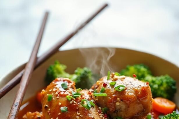 "Sugar-free teriyaki chicken with broccoli, carrots, and sesame seeds in a cream ceramic bowl on a white marble surface"