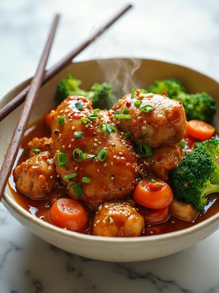 "Sugar-free teriyaki chicken with broccoli, carrots, and sesame seeds in a cream ceramic bowl on a white marble surface"