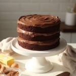 "Triple-layer keto chocolate cake with buttercream frosting on white ceramic stand, with ingredients scattered around"