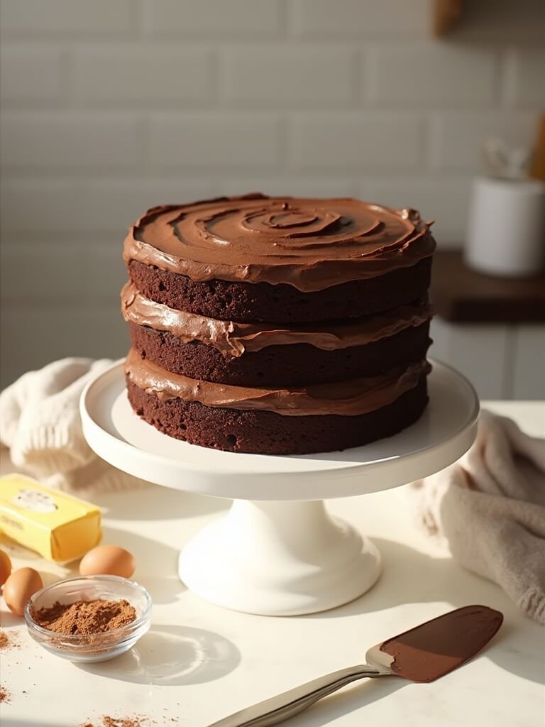 "Triple-layer keto chocolate cake with buttercream frosting on white ceramic stand, with ingredients scattered around"