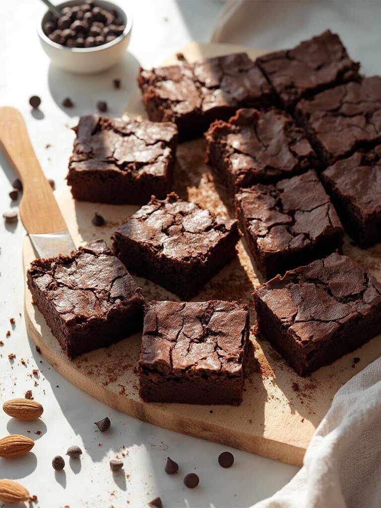 "Keto-friendly fudgy brownies made with almond flour and sugar-free chocolate chips on a clean marble background"
