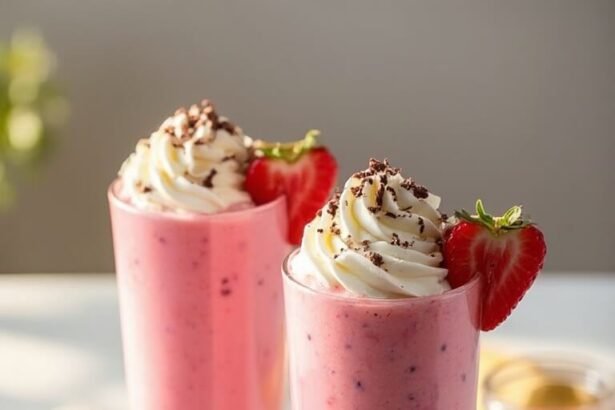 "Valentine's Day strawberry smoothies with heart-shaped strawberry garnish, whipped cream and chocolate shavings on a marble countertop"