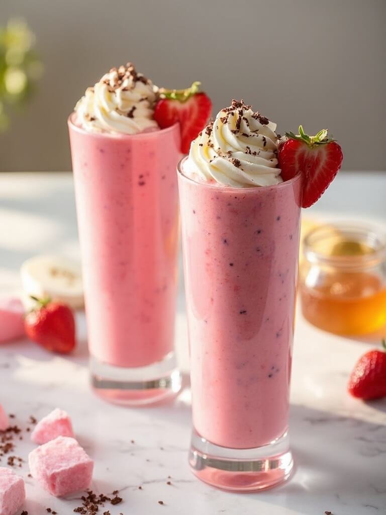 "Valentine's Day strawberry smoothies with heart-shaped strawberry garnish, whipped cream and chocolate shavings on a marble countertop"