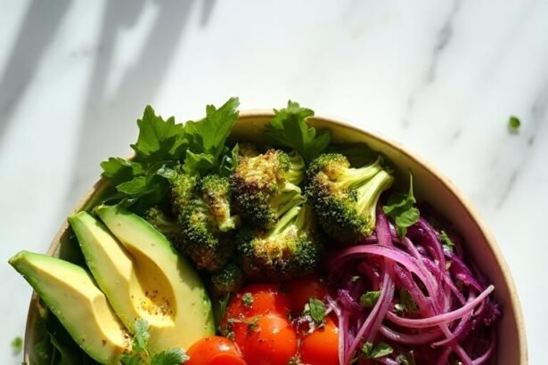 "Overhead view of a vegan keto buddha bowl with golden turmeric tofu, roasted vegetables, cauliflower rice on a clean white background."