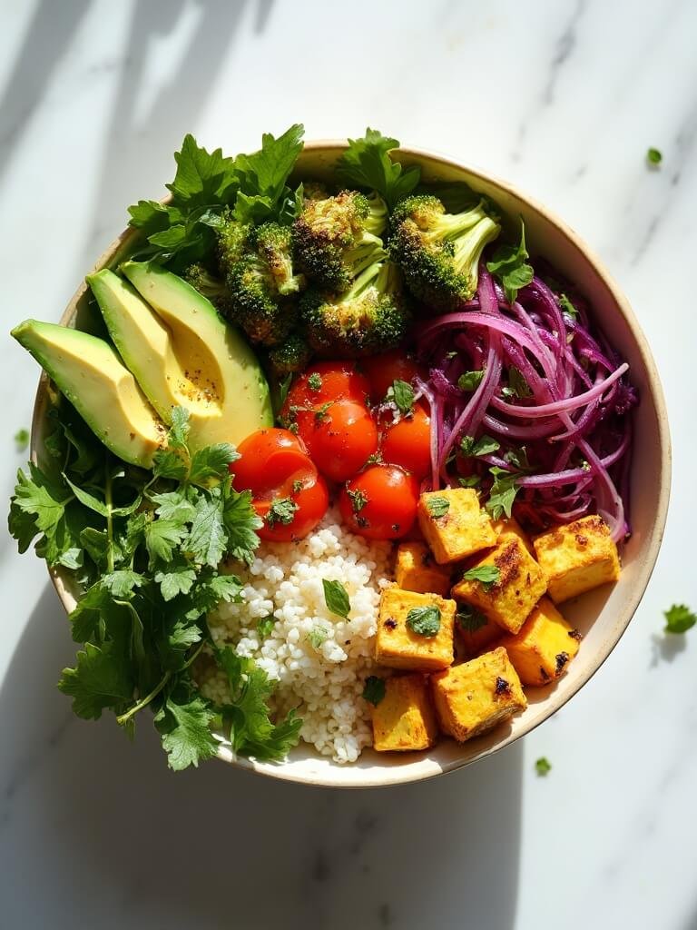"Overhead view of a vegan keto buddha bowl with golden turmeric tofu, roasted vegetables, cauliflower rice on a clean white background."