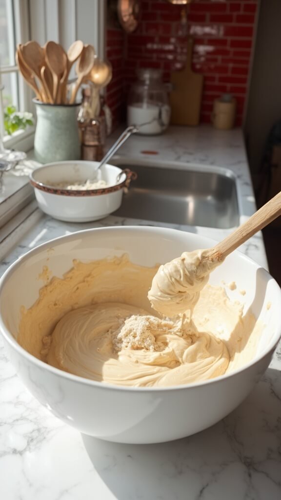 Almond butter and powdered erythritol being mixed in a cream-colored bowl in a modern kitchen with red subway tile backsplash