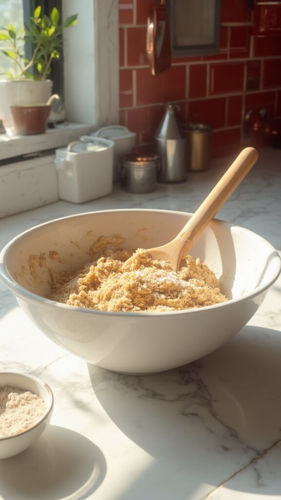 Cookie dough in large mixing bowl on white marble countertop, next to bowl of whisked dry ingredients, in a modern kitchen with red subway tile backsplash and natural daylight lighting.