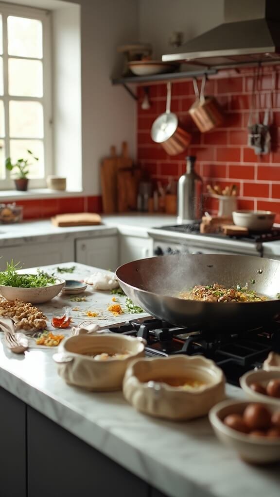 Aromatic ingredients being cooked in a stainless steel wok on a modern kitchen countertop, under natural daylight