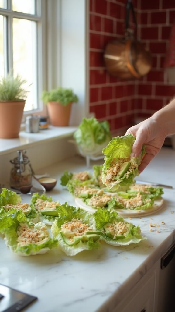 Hands preparing chicken Caesar lettuce wraps with avocado and Parmesan crisps in a modern kitchen, under natural daylight