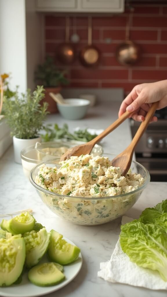 Chicken Caesar salad preparation in a modern kitchen with warm, earthy color grading, featuring creamy chicken mixture in a bowl, clean lettuce leaves, and sliced avocado on a plate