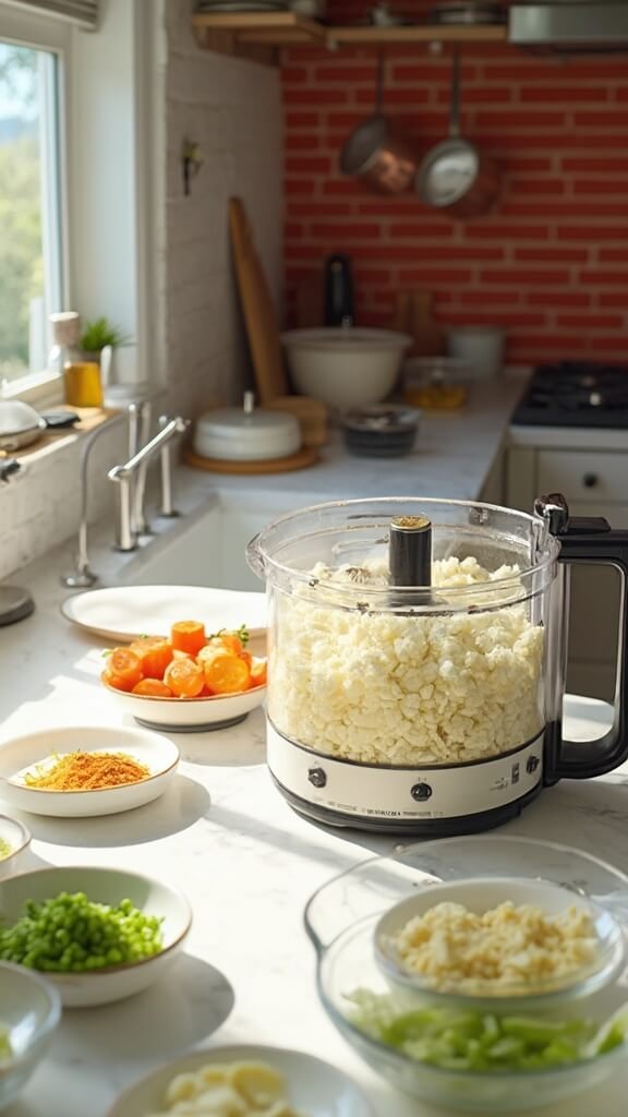 Preparation of cauliflower fried rice ingredients in a modern kitchen with sunlight