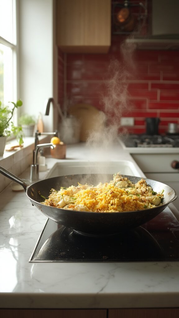 Cooking cauliflower rice with vegetables and scrambled eggs in a wok on a modern kitchen counter