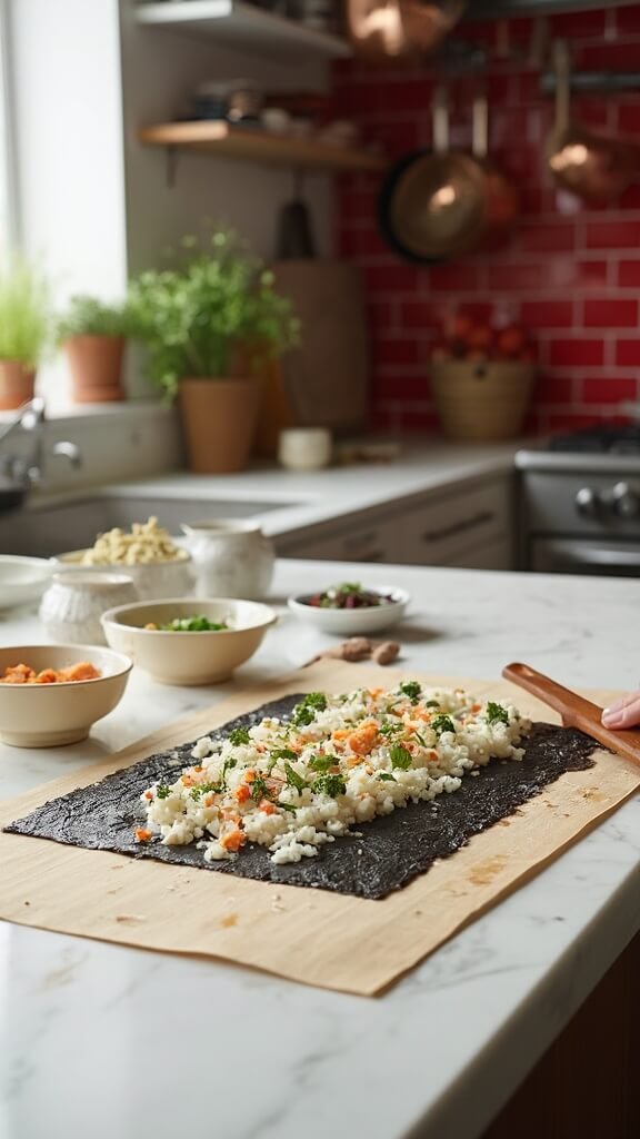 Professional food photography of cauliflower rice spreading on nori sheet on a bamboo mat in a modern kitchen with red subway tiles and copper pots