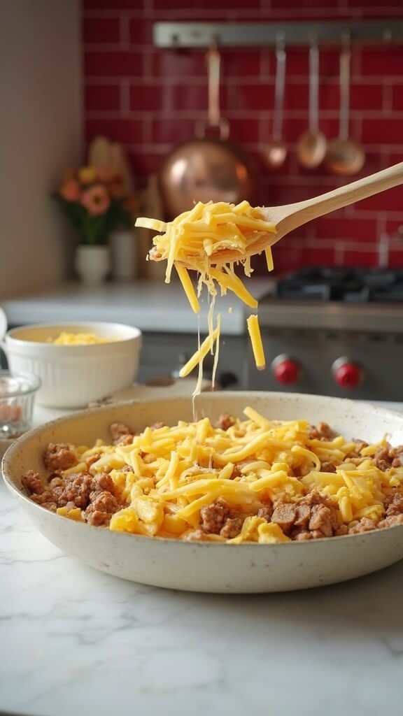 Perfectly creamy scrambled eggs with golden sausage crumbles and melted sharp cheddar cheese in a skillet in a modern kitchen