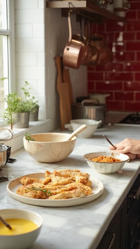 Golden-coated chicken pieces on a plate with bowls of beaten eggs and arrowroot powder in a modern kitchen with red subway tile backsplash and copper pots