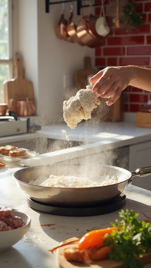 Chicken cutlets being dredged in flour in a modern kitchen with daylight, wooden utensils, ceramic bowls and heated pan with oil and butter on stove.