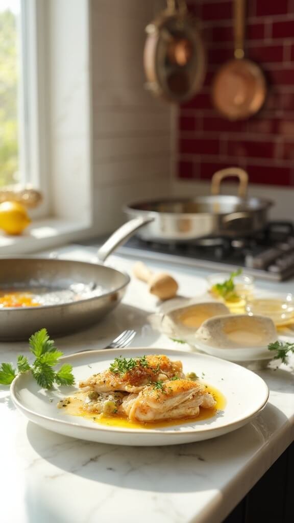 Plated chicken piccata with lemon caper sauce, garnished with fresh parsley, in a well-lit modern kitchen with red subway tiles and stainless steel appliances.