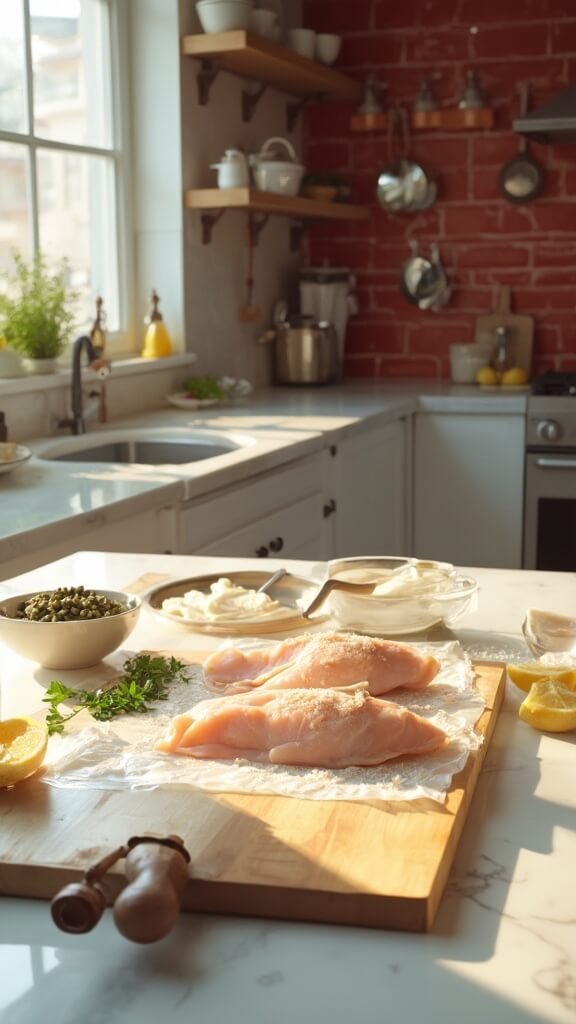 Preparation setup for chicken piccata in a modern kitchen, with fresh ingredients and cookware on marble countertop