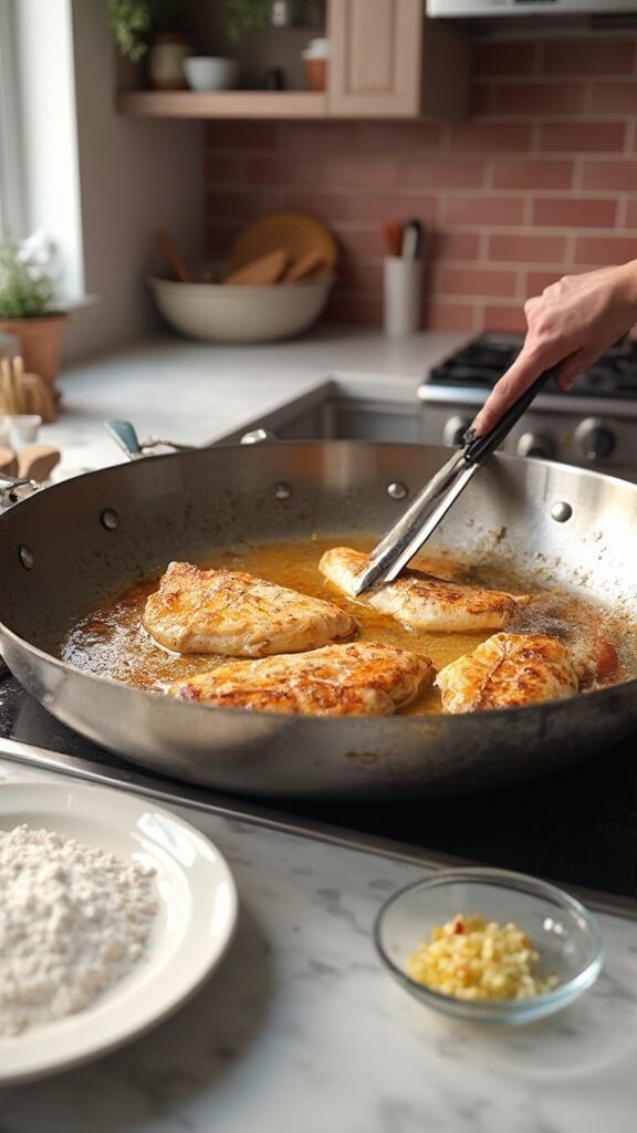 Golden-brown chicken cutlets sizzling in a stainless steel skillet in a modern kitchen with red subway tile backsplash, wooden utensils and cream-colored prep bowls.
