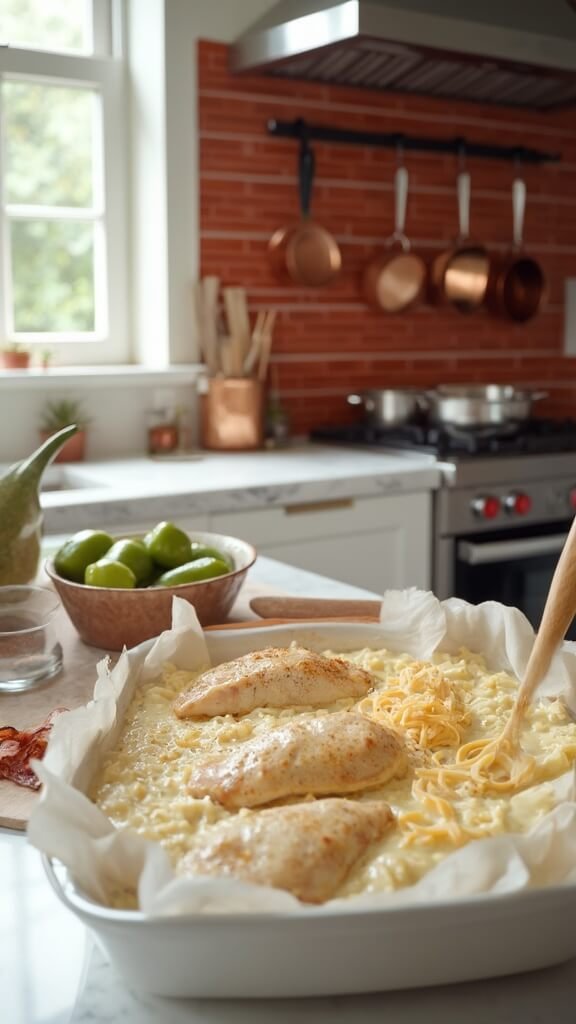 Seasoned chicken breasts in baking dish, sliced jalapenos on cutting board, crisping bacon in pan, and cheese mixture in mixing bowl in a bright, modern kitchen