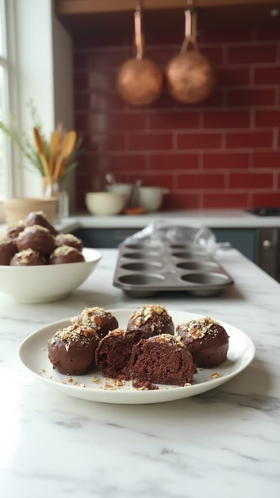 Dark chocolate almond fat bombs on a white ceramic plate in a modern kitchen with red subway tile backsplash, with an empty mini muffin tin in the background.