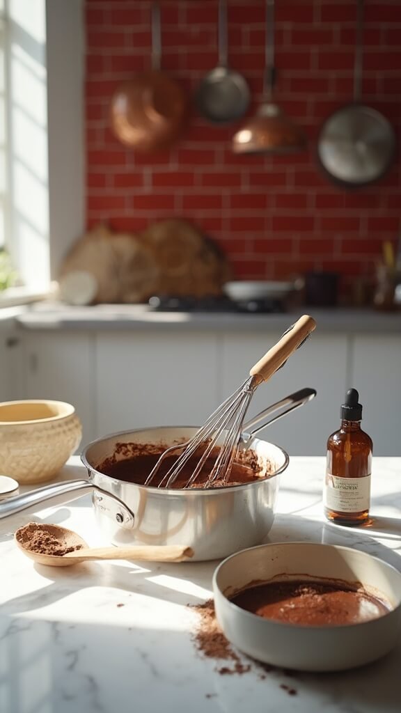 Whisking dark chocolate mixture in a saucepan on a white marble countertop in a modern kitchen