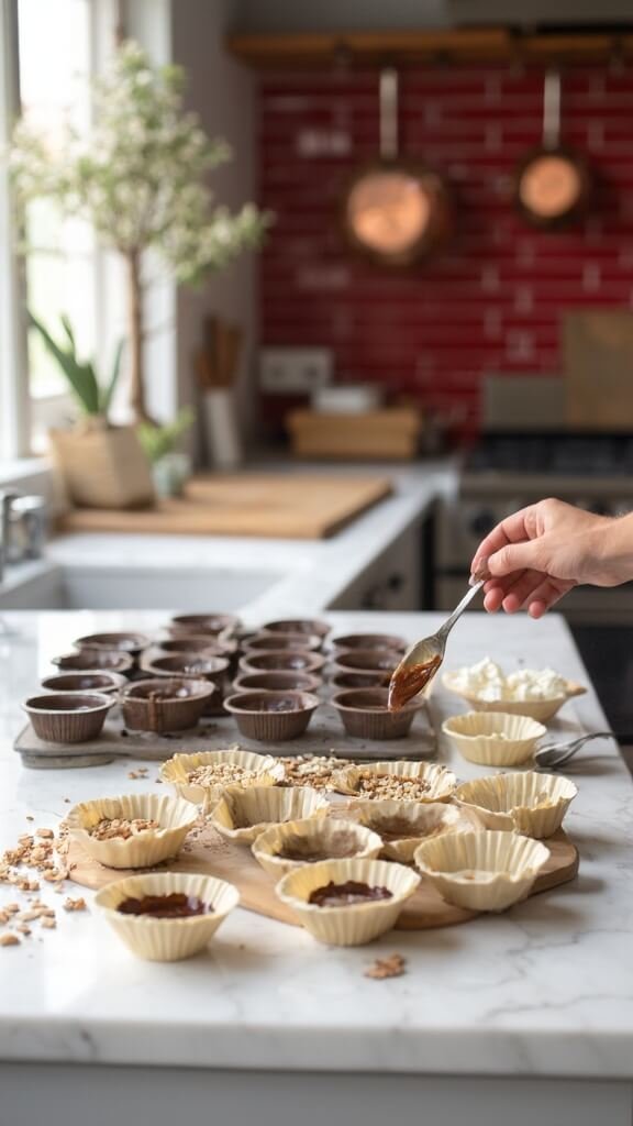 Using a small spoon to fill silicone muffin tin molds with dark chocolate mixture in a modern kitchen with red subway tile backsplash