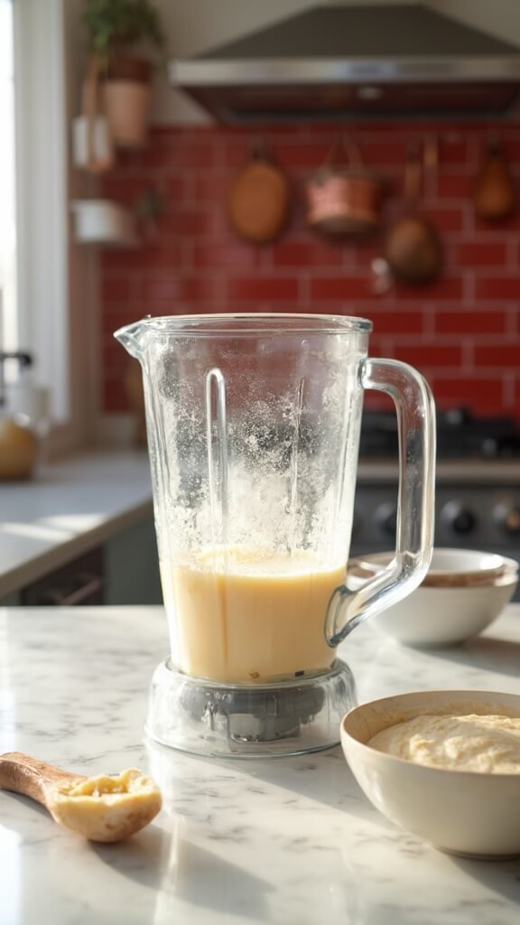 Thick pancake batter in blender in a modern kitchen, timer set for resting period, empty ingredient bowls to one side